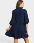 Beach Rose Co. navy corduroy tiered mini dress with puff sleeves and side pockets, perfect for fall.