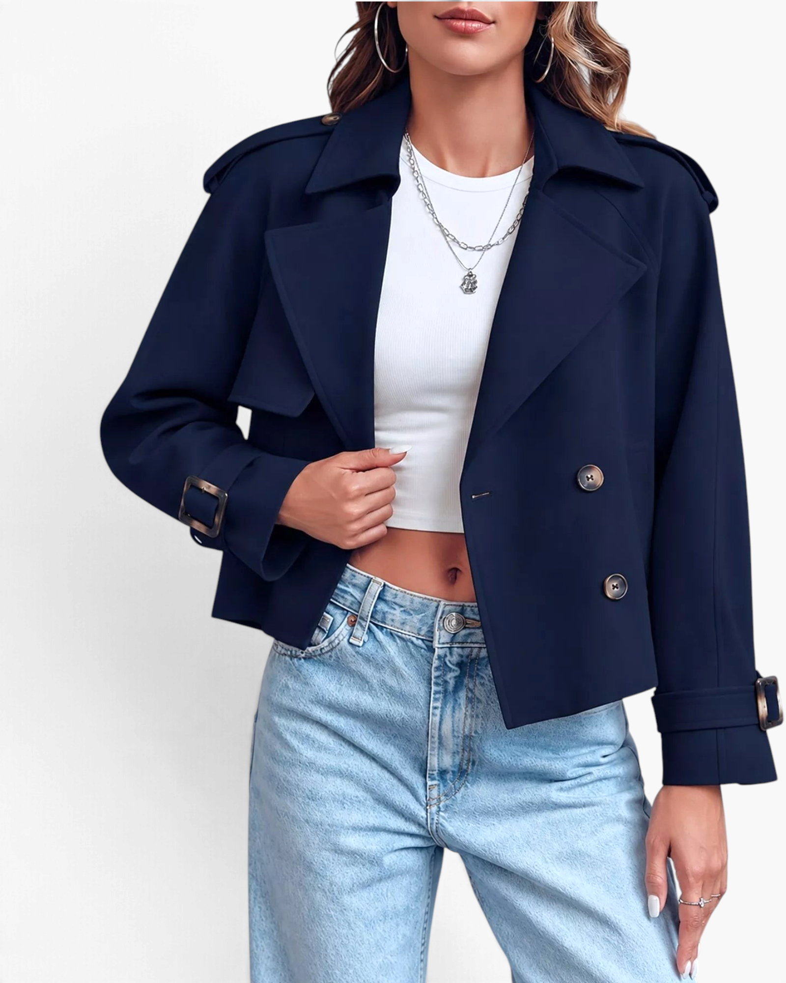 Beach Rose Co. navy blue cropped double-breasted trench jacket with wide lapels and buckled cuff straps