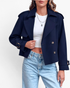 Beach Rose Co. navy blue cropped double-breasted trench jacket with wide lapels and buckled cuff straps