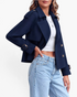 Beach Rose Co. navy cropped double-breasted trench jacket with wide lapels and buckled cuffs worn by a model