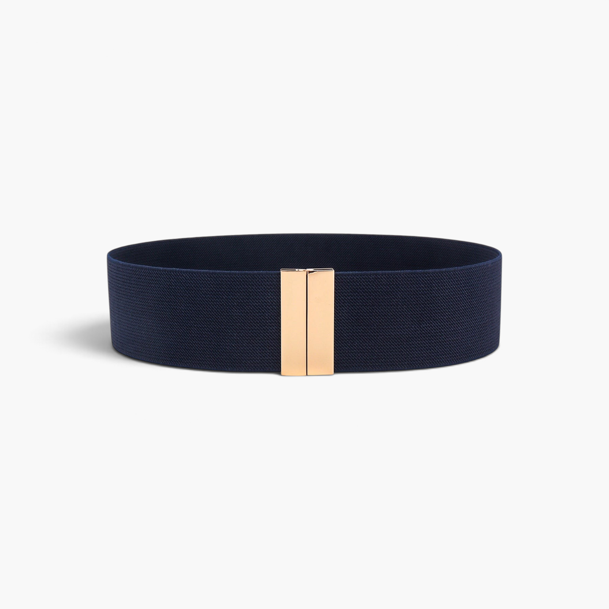 Beach Rose Co. navy blue wide elastic waist belt with a sleek rectangular gold-tone alloy clasp.
