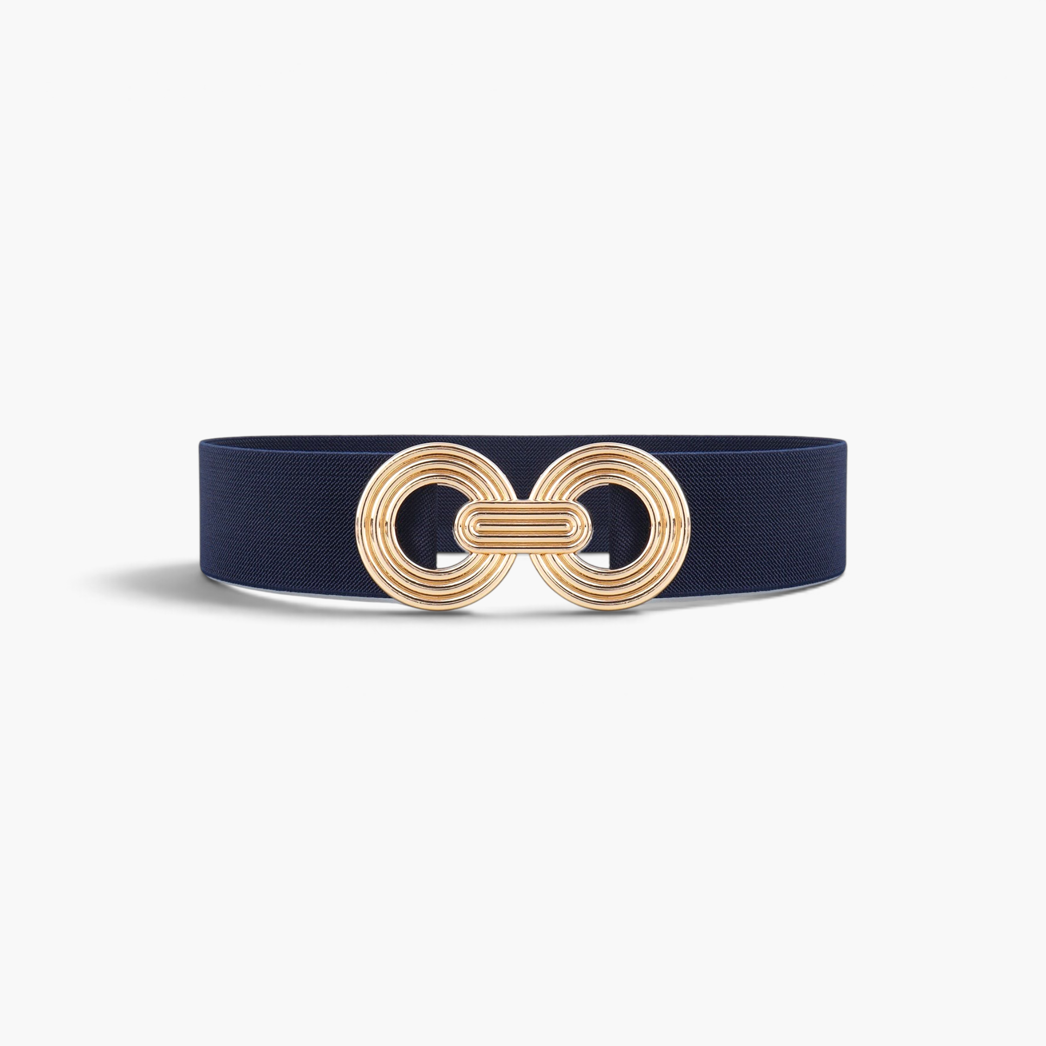 Beach Rose Co. navy blue wide elastic waist belt with a gold-tone double-circle alloy buckle and ridged detailing.