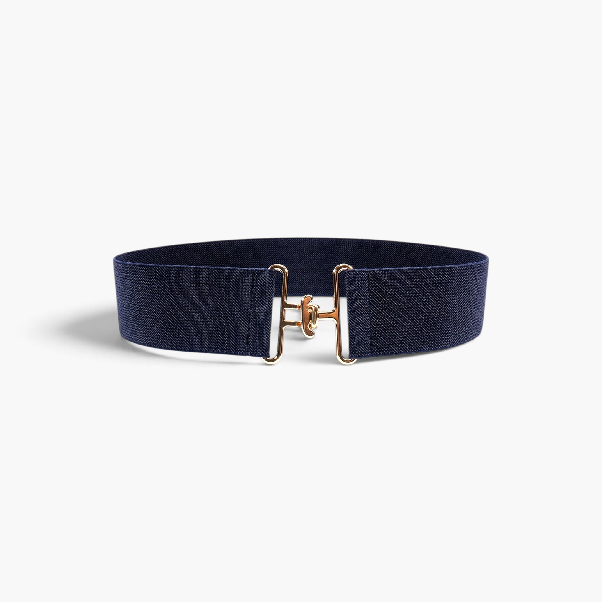 Beach Rose Co. navy blue wide elastic waist belt with a gold-tone interlocking hook buckle