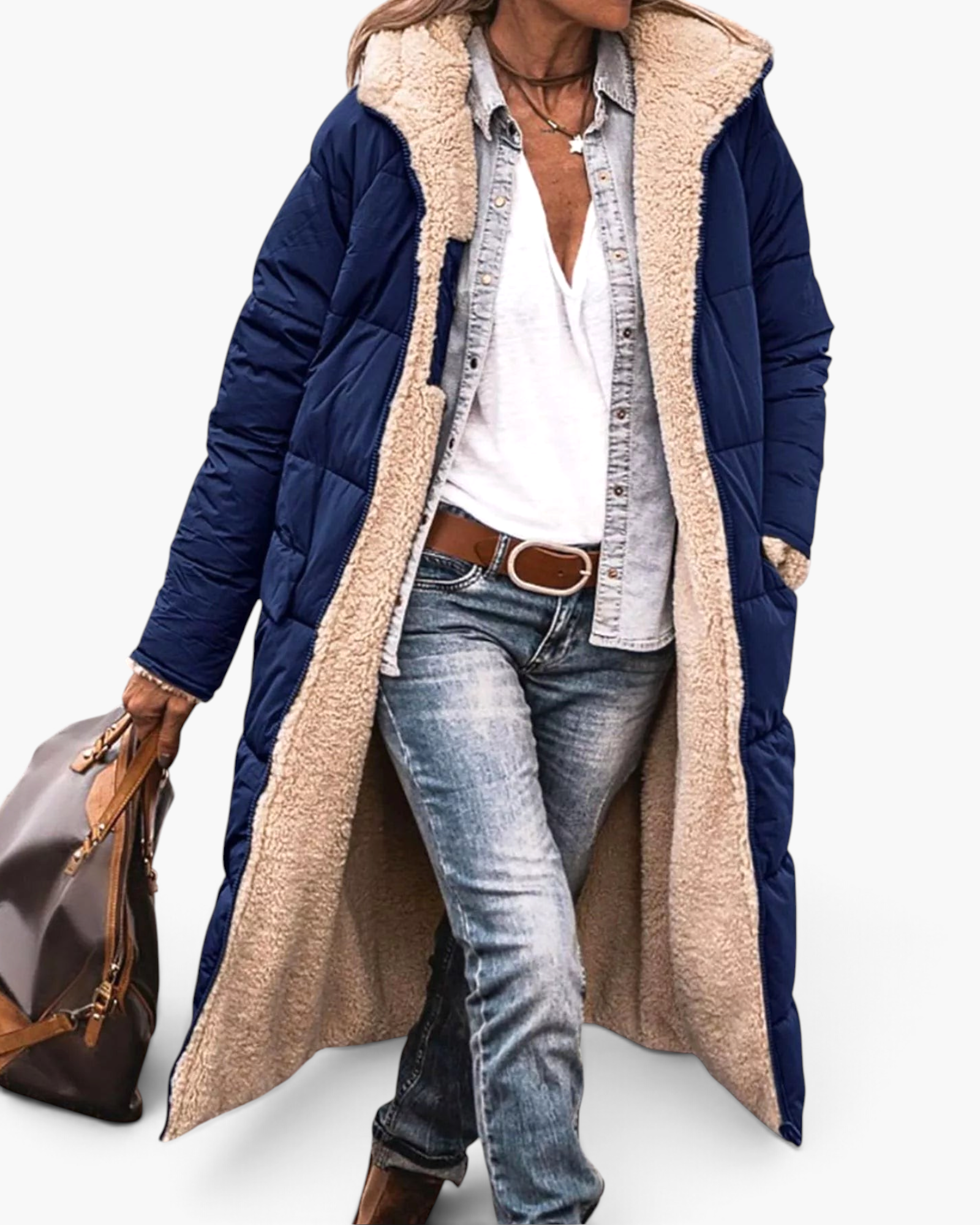 Beach Rose Co. navy blue longline quilted coat with plush beige fleece lining, hood, and front zip closure.