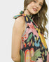 Beach Rose Co. navy halter top with colorful floral print, tie-back detail, and crochet trim. Rayon-nylon blend.