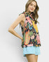 Beach Rose Co. navy halter top with a colorful abstract floral print, tie-back neck, and flowy silhouette.