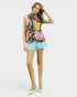Beach Rose Co. navy floral halter top with tie-back detail and gathered neckline. Made of rayon/nylon blend.