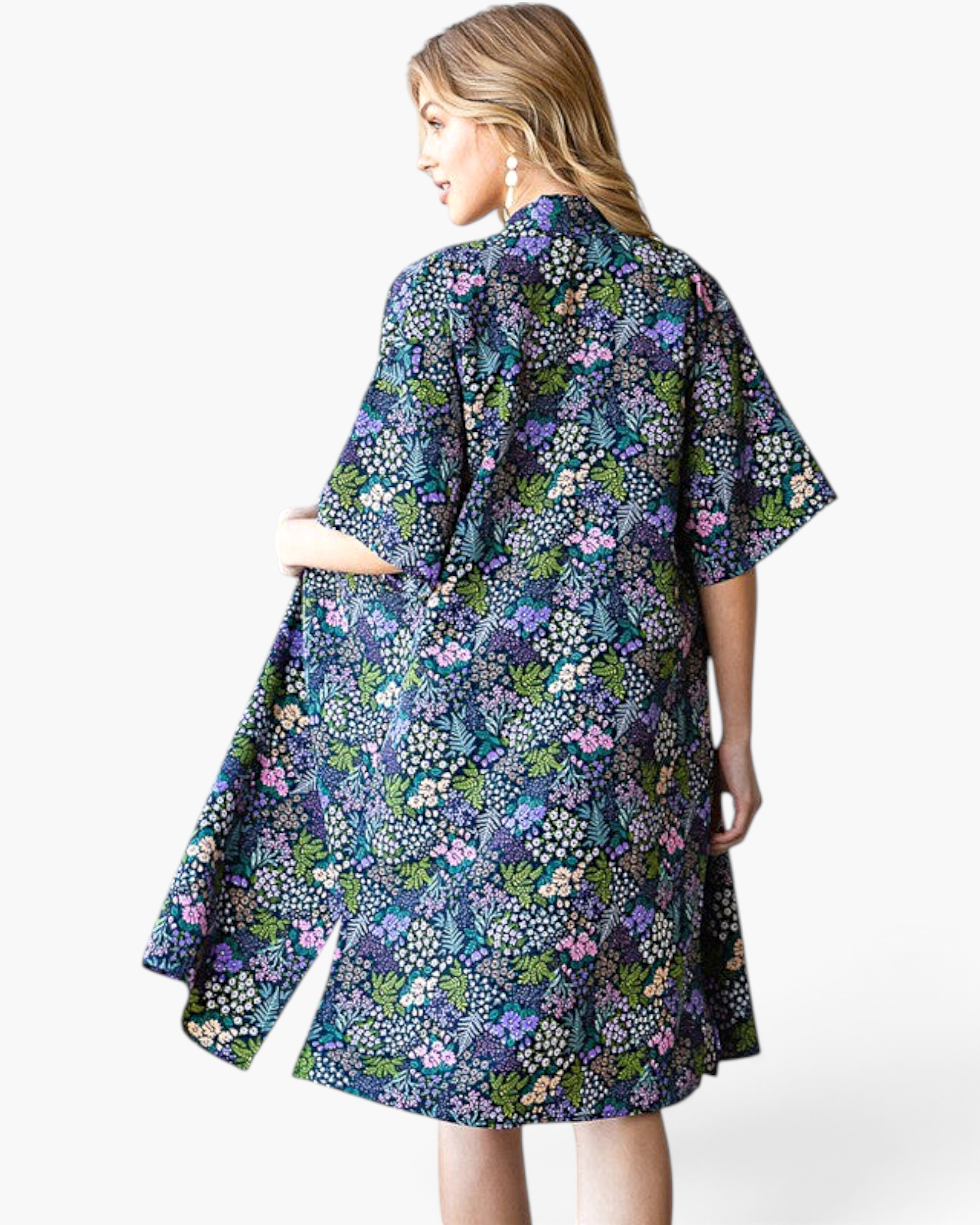Beach Rose Co. navy longline kimono with a colorful botanical floral print, open front, and relaxed fit.