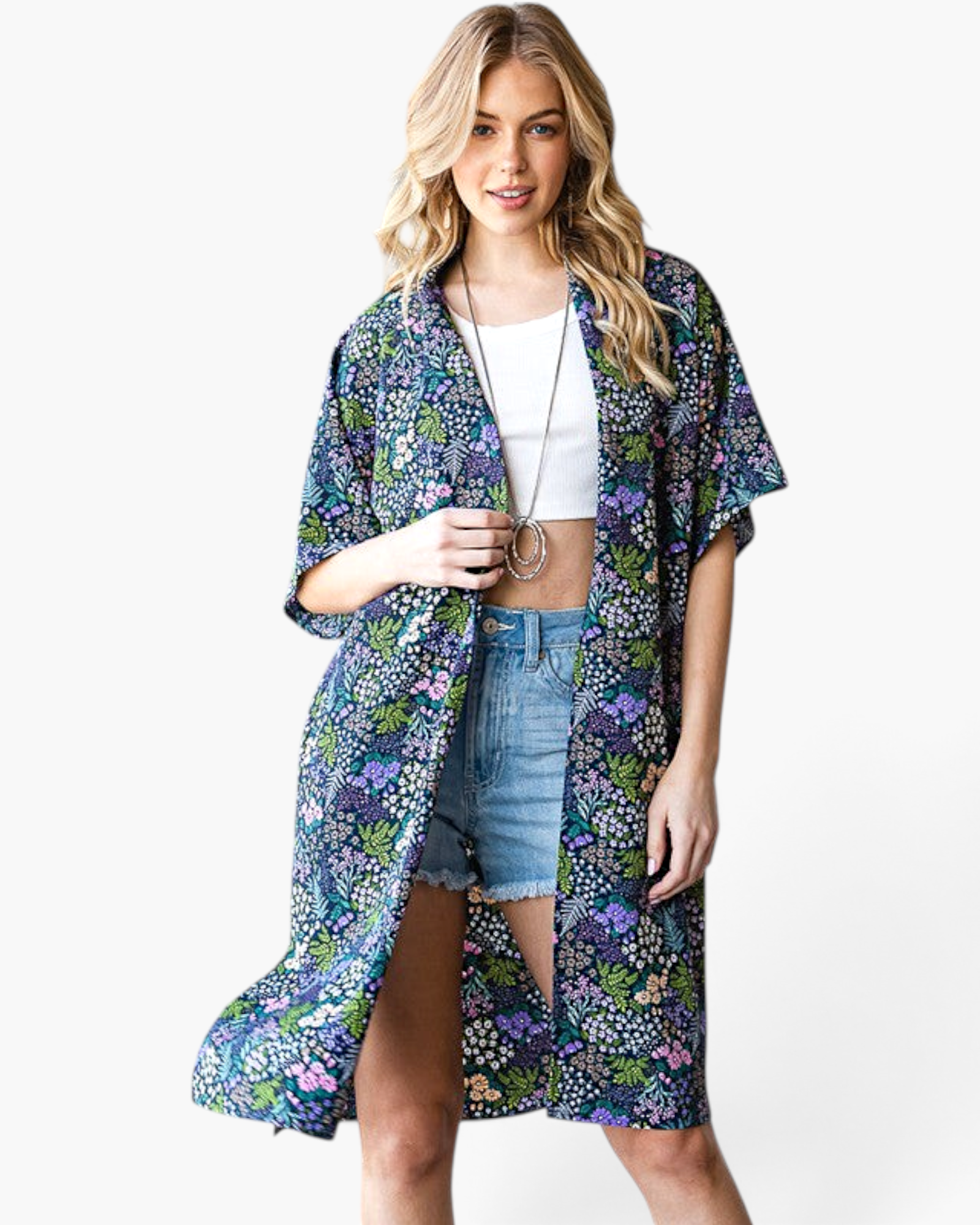 Beach Rose Co. navy longline kimono featuring a colorful botanical floral print, open front, and relaxed fit.