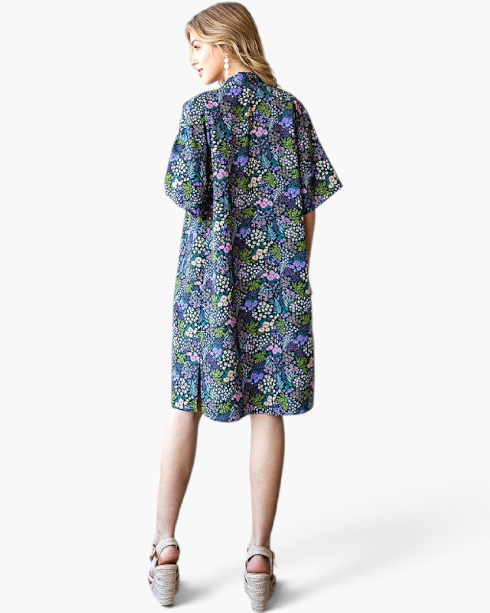 Beach Rose Co. navy longline kimono with a colorful floral print, featuring short sleeves and a relaxed fit.