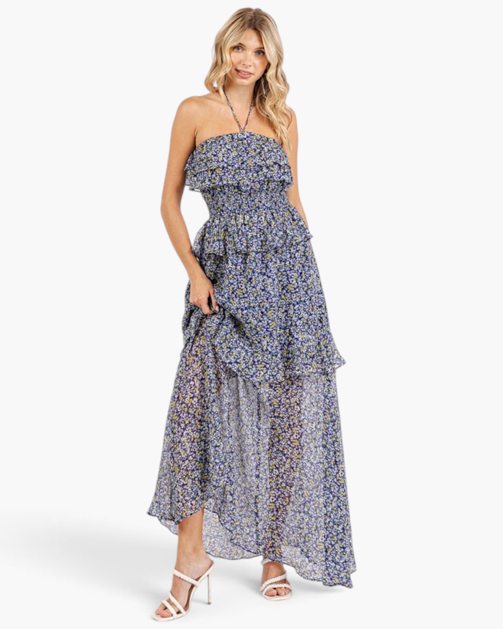 Beach Rose Co. dark navy floral maxi dress with a smocked bodice, halter tie, and cascading tiered ruffles.