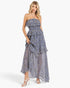 Beach Rose Co. dark navy floral maxi dress with a smocked bodice, halter tie, and cascading tiered ruffles.