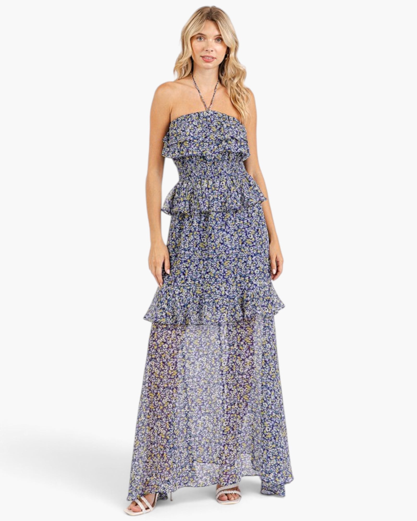Beach Rose Co. dark navy floral maxi dress with a smocked bodice, halter neckline, and cascading ruffled tiers.
