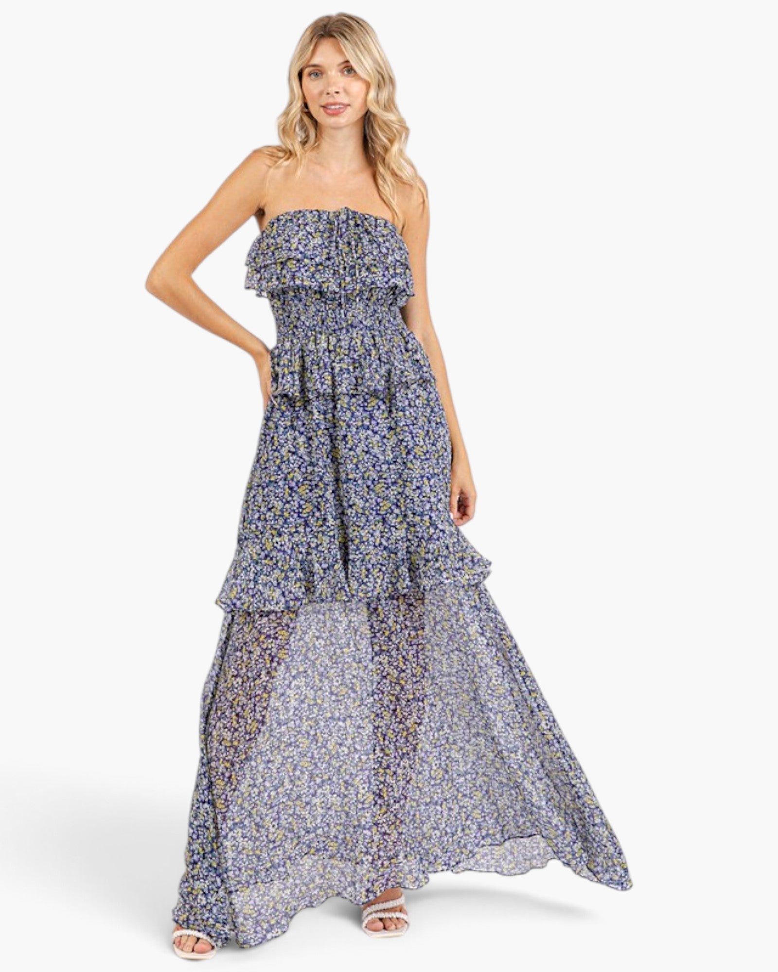 Beach Rose Co. dark navy floral maxi dress with a smocked bodice, ruffled tiers, and a flowy lightweight silhouette.
