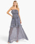 Beach Rose Co. dark navy floral maxi dress with a smocked bodice, ruffled tiers, and a flowy lightweight silhouette.