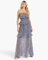 Beach Rose Co. dark navy floral maxi dress with a smocked bodice, halter neckline, and cascading ruffled tiers.