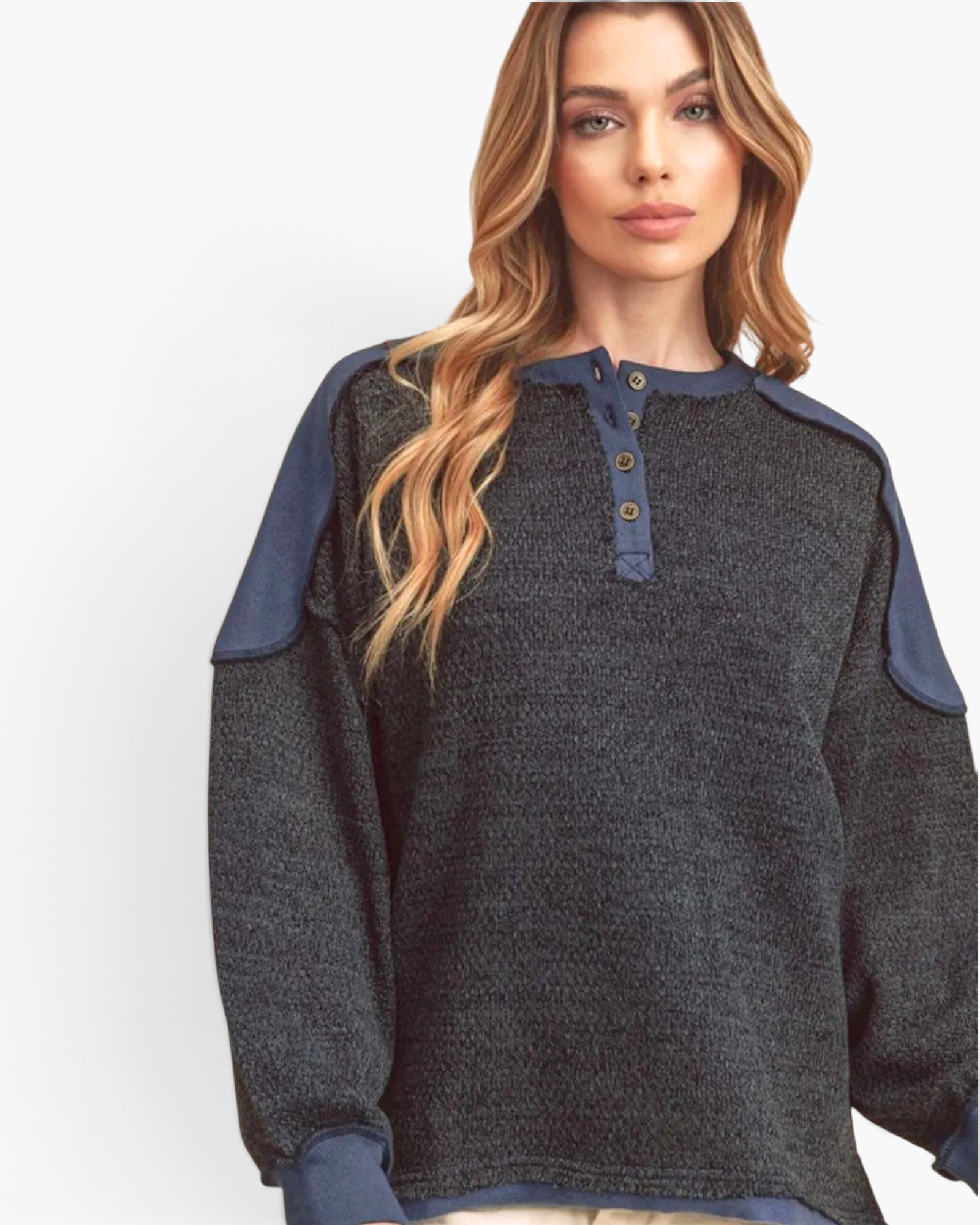 Beach Rose Co. dark navy textured knit Henley pullover with contrast shoulder panels and long balloon sleeves.