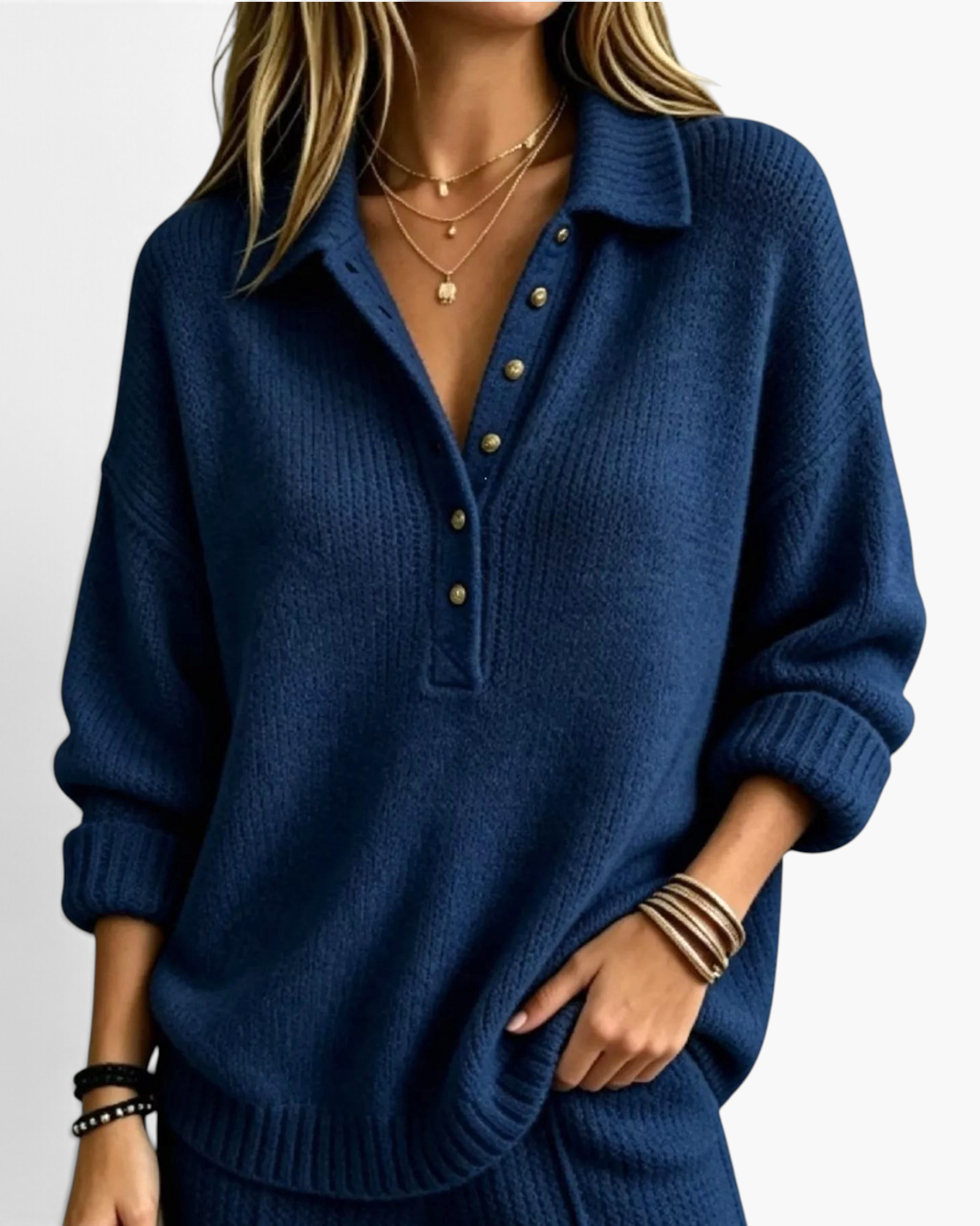 Beach Rose Co. navy blue relaxed knit sweater with a collared neckline, button placket, and dropped shoulders.