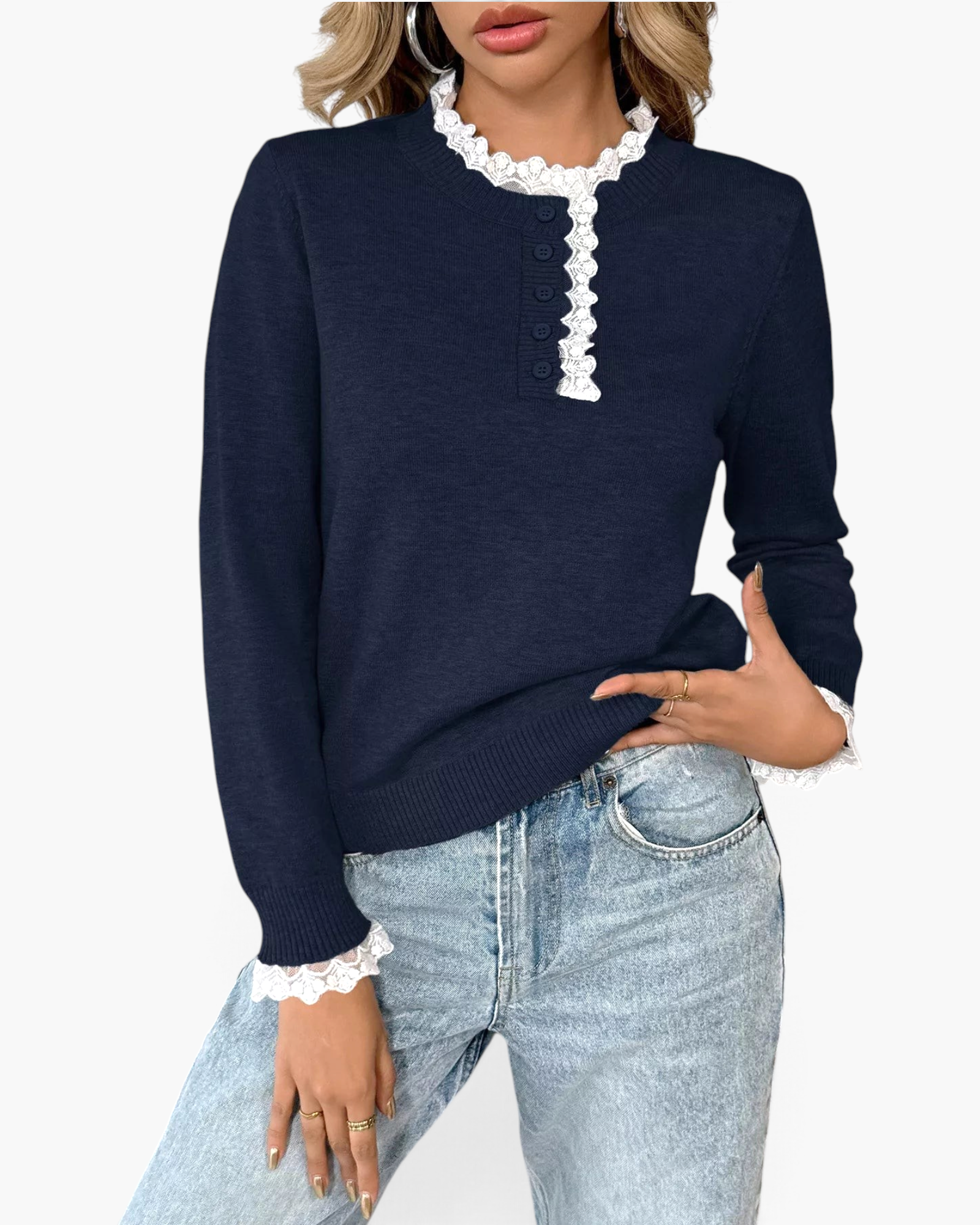 Beach Rose Co. navy blue knit sweater with white scalloped floral lace trim on the neckline, placket, and cuffs.