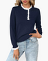 Beach Rose Co. navy blue knit sweater with white scalloped floral lace trim on the neckline, placket, and cuffs.
