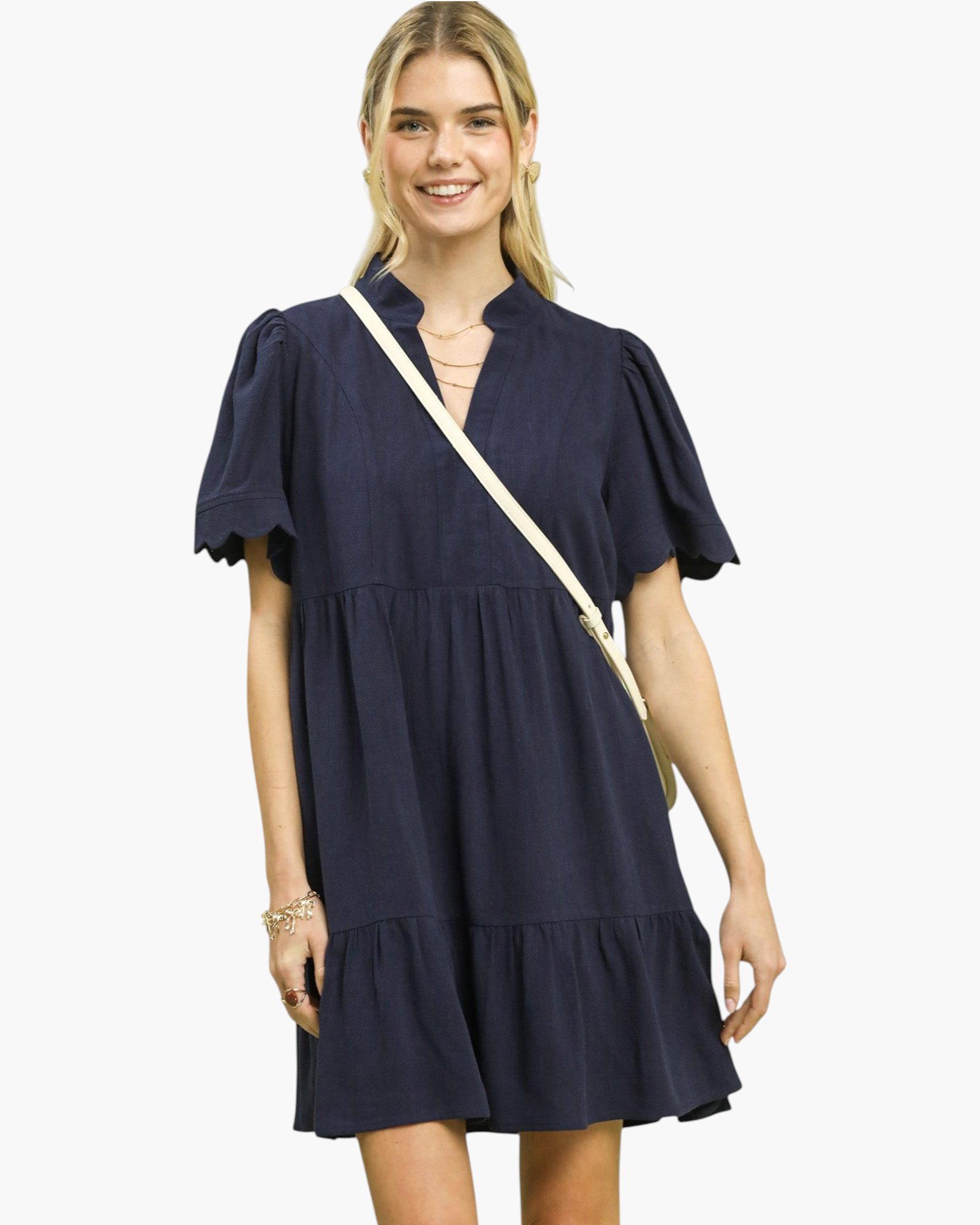 Beach Rose Co. navy linen blend mini dress with scalloped puff sleeves, tiered skirt, and split neckline on a model.
