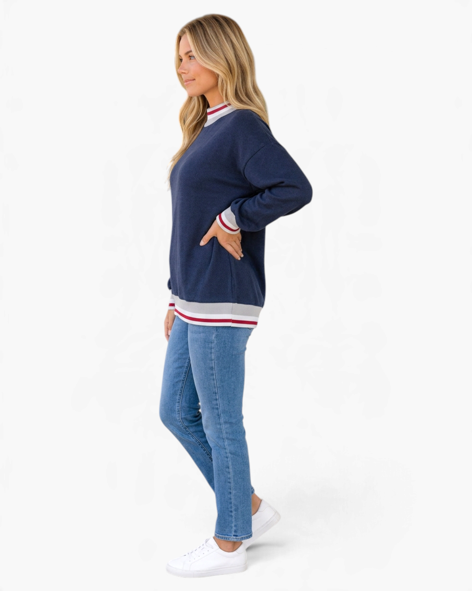 Beach Rose Co. navy mock neck sweatshirt with striped trim, dropped shoulders, and textured fabric on a model.