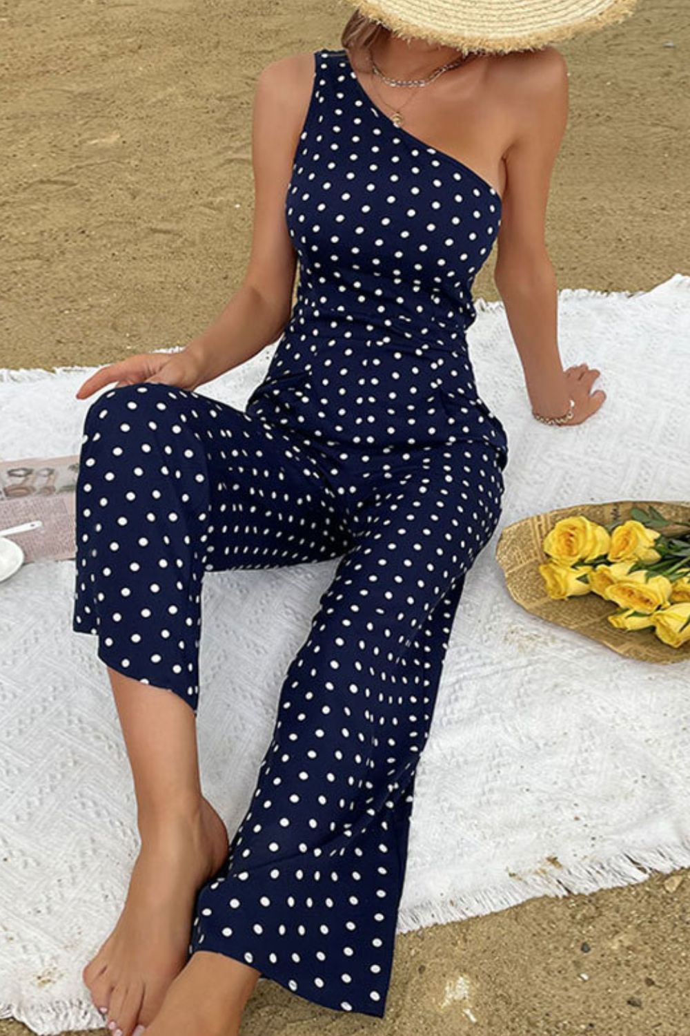 Beach Rose Co. - Navy Polka Dot One - Shoulder Jumpsuit