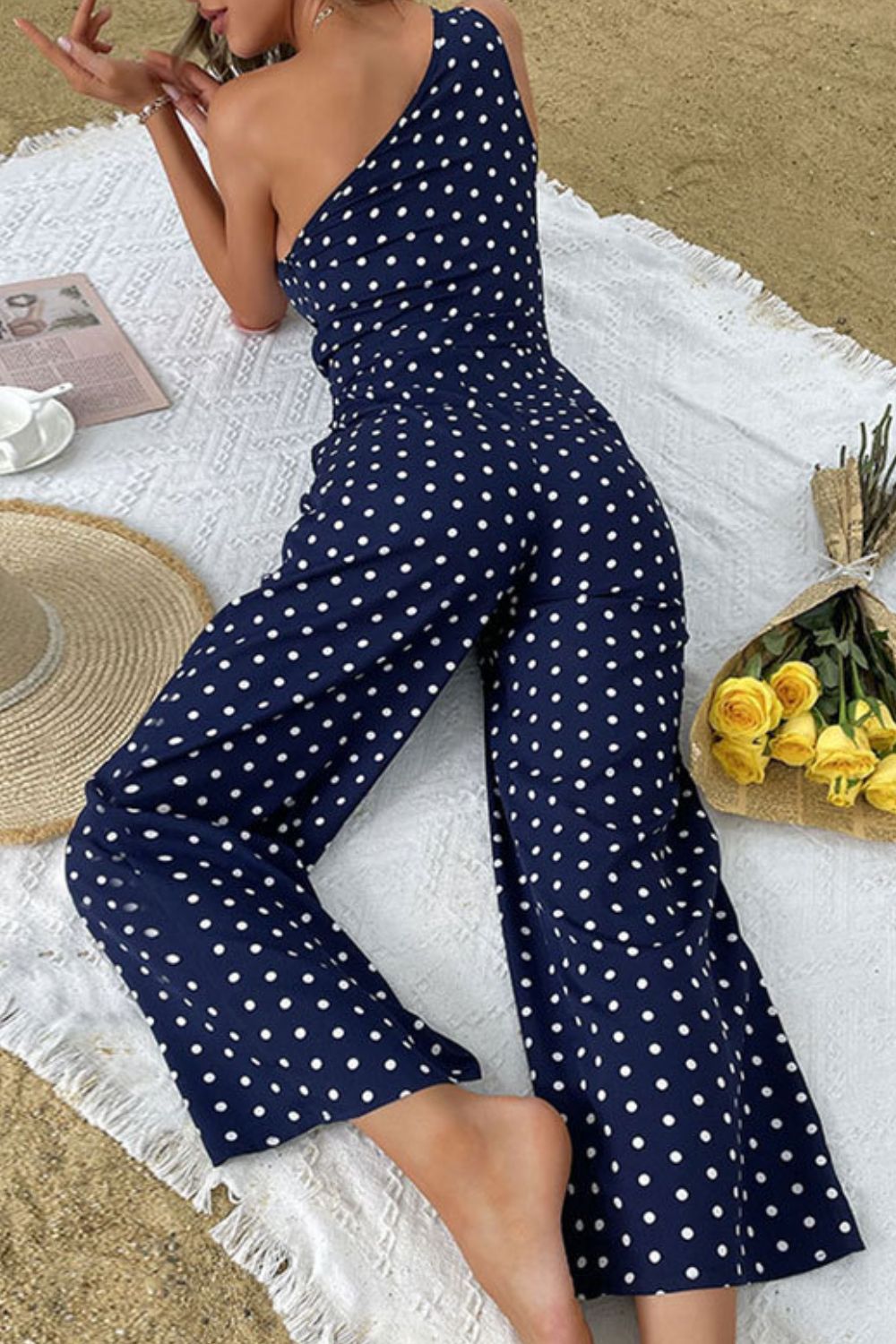 Beach Rose Co. - Navy Polka Dot One - Shoulder Jumpsuit