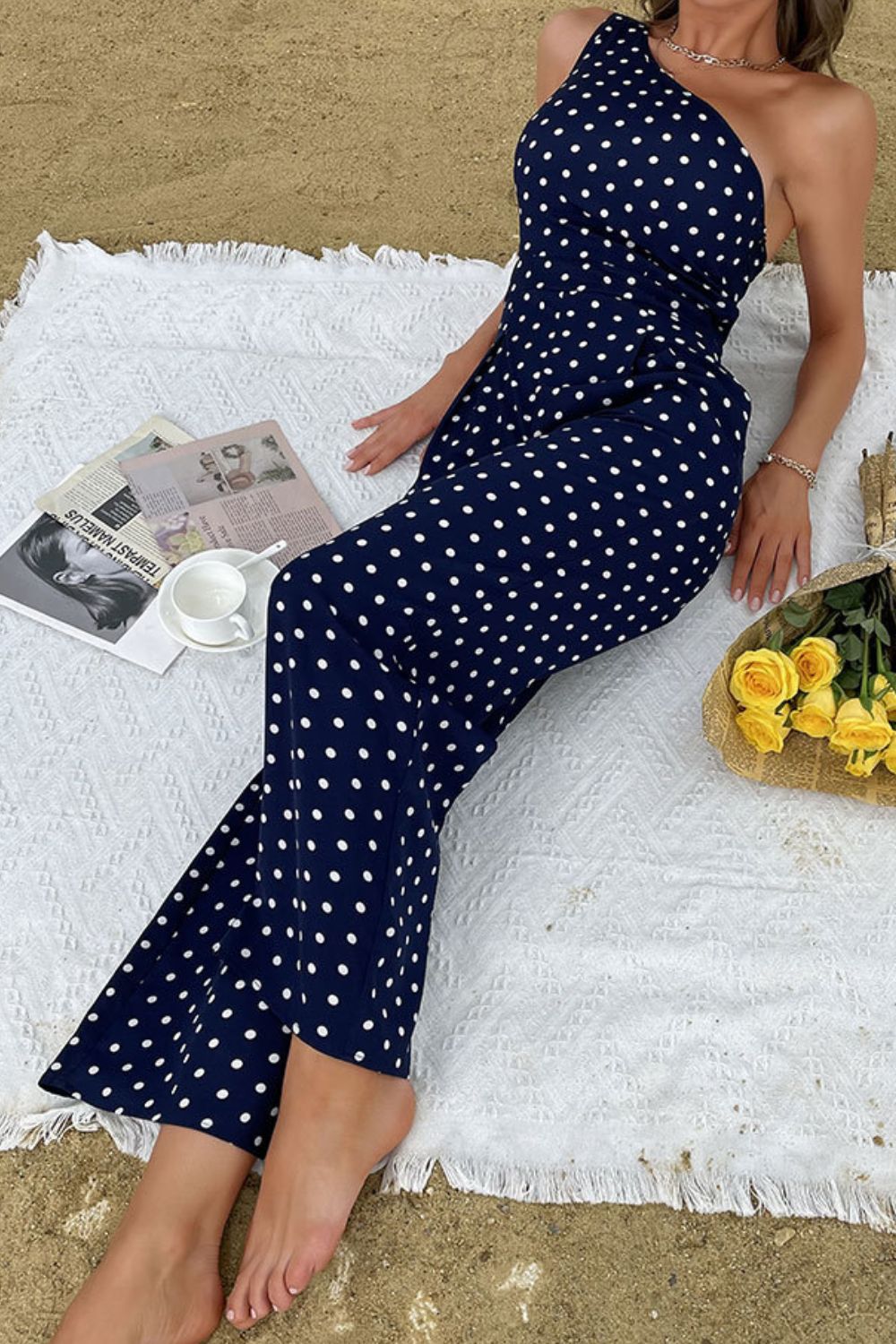 Beach Rose Co. - Navy Polka Dot One - Shoulder Jumpsuit