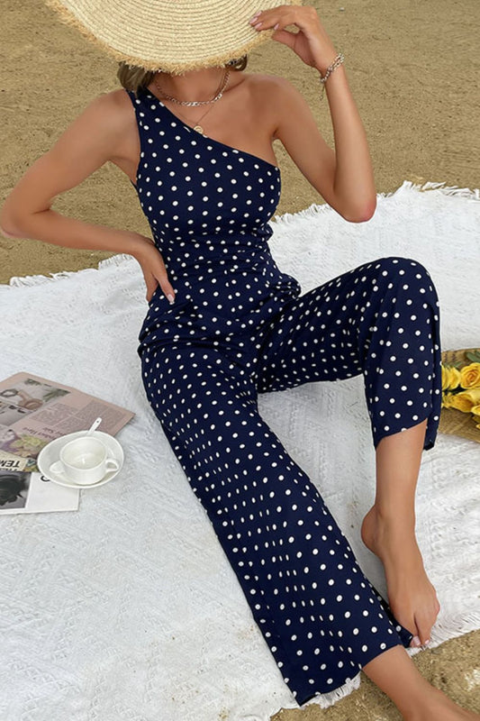 Beach Rose Co. - Navy Polka Dot One - Shoulder Jumpsuit