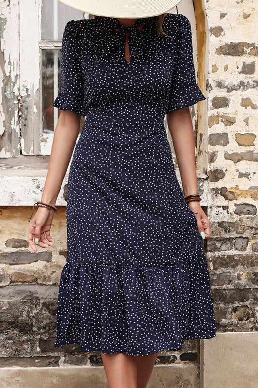 Beach Rose Co. - Navy Polka Dot Tie Neck Ruffled Midi Dress