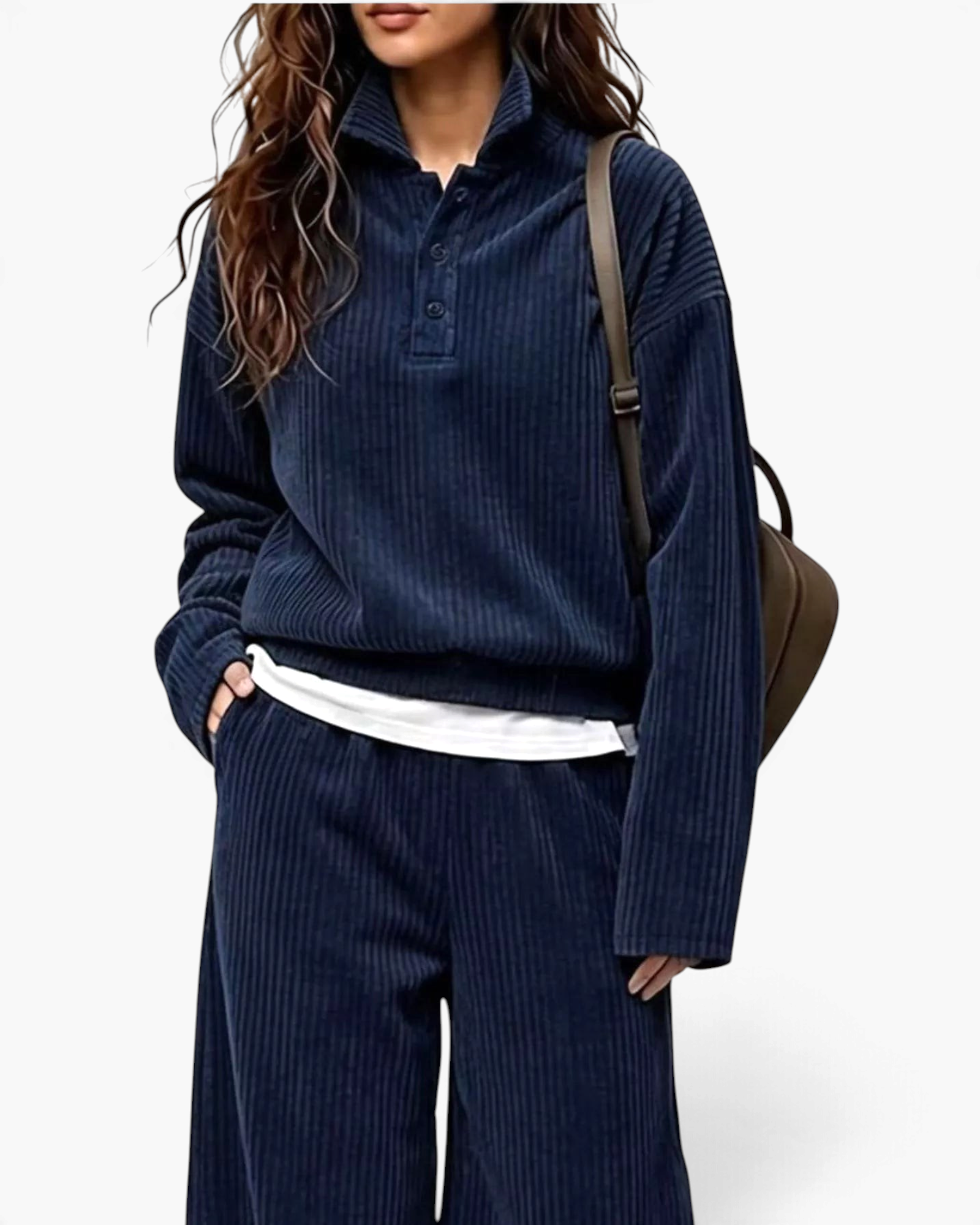 Beach Rose Co. navy blue ribbed two-piece set with a collared button-placket top and wide leg pants on a model.
