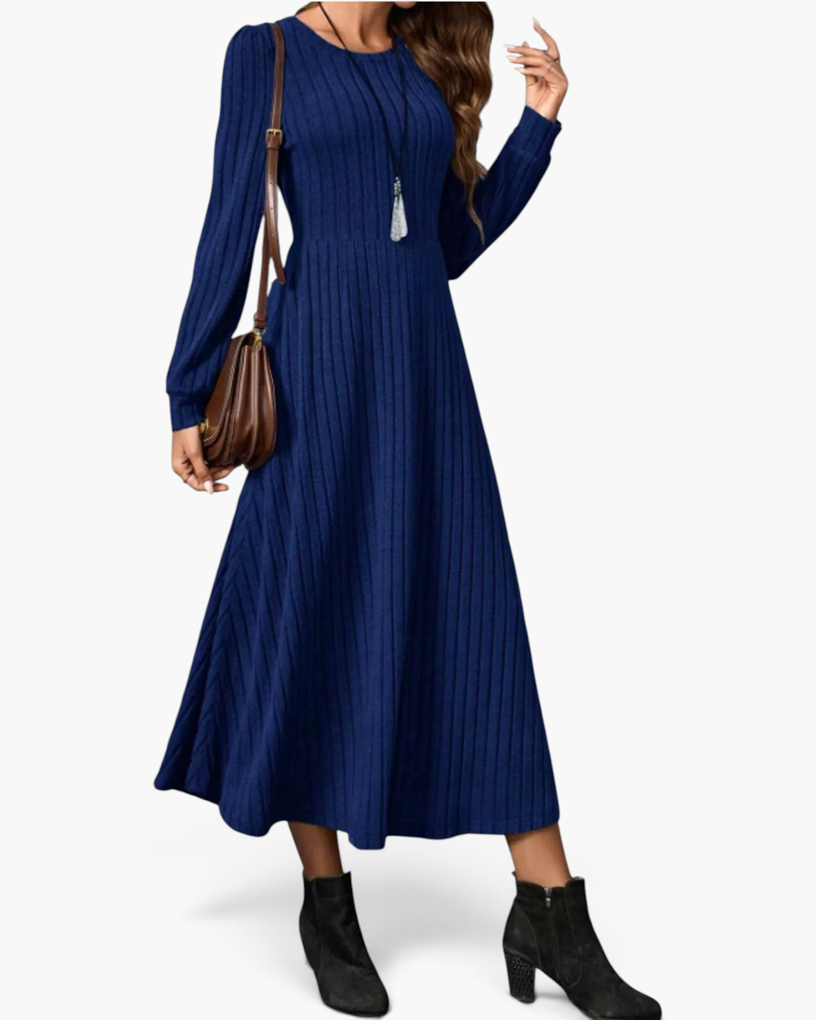 Beach Rose Co. navy blue ribbed knit midi dress with long balloon sleeves, defined waist, and flared skirt on a model