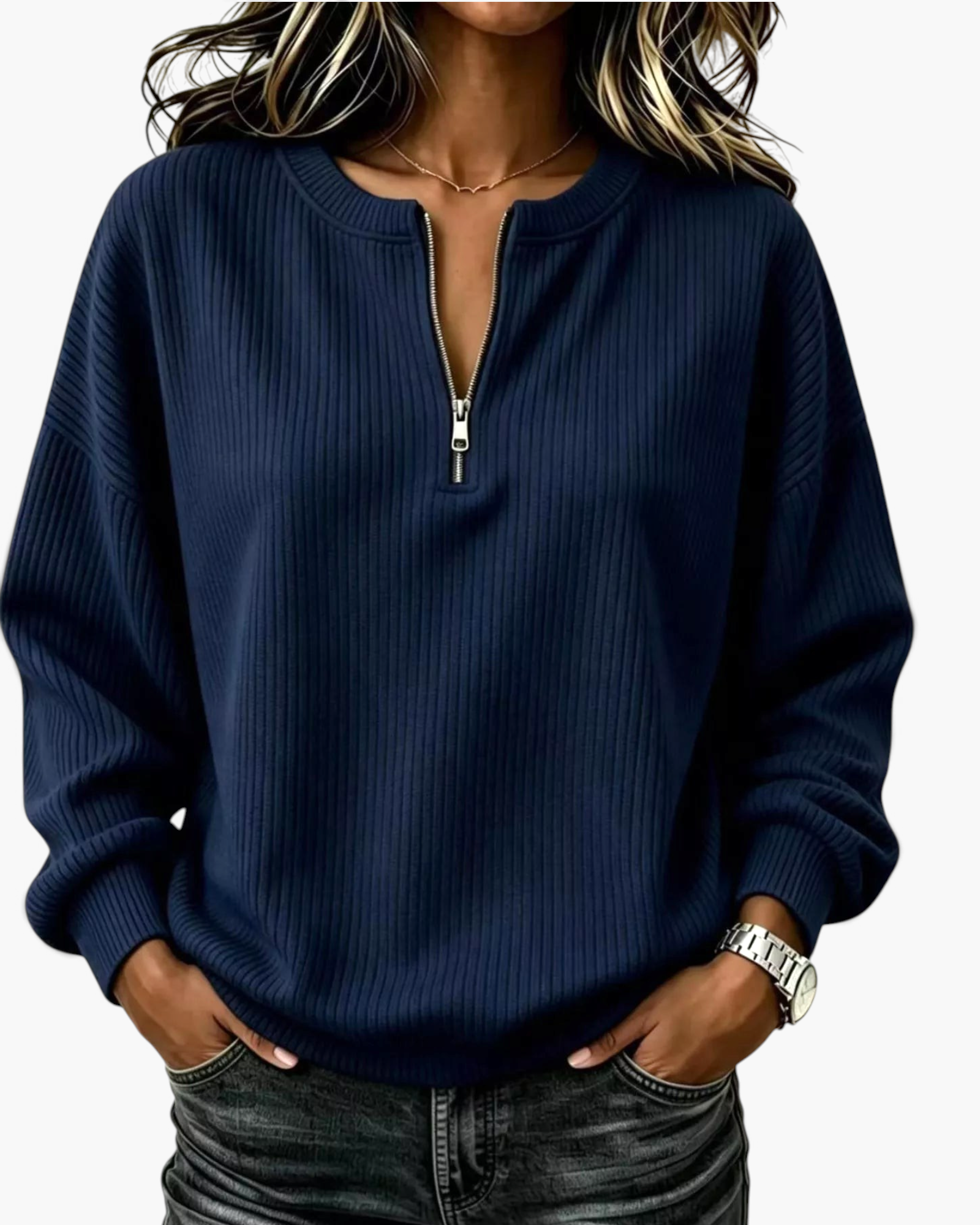 Beach Rose Co. navy blue ribbed quarter-zip pullover with dropped shoulders and a relaxed fit worn by a woman.