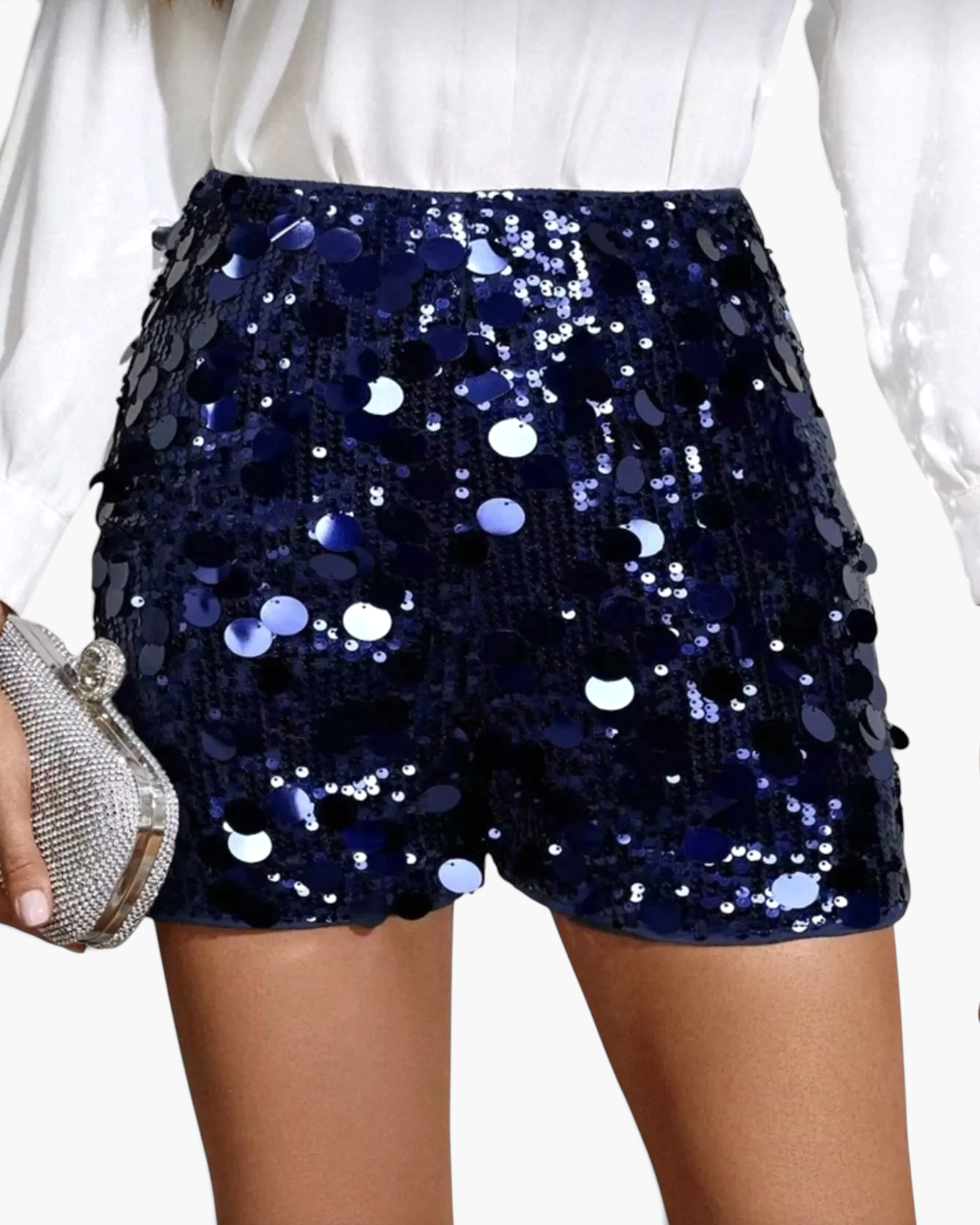 Beach Rose Co. navy blue sequin shorts with mixed-size oversized disc embellishments and a straight-leg silhouette.