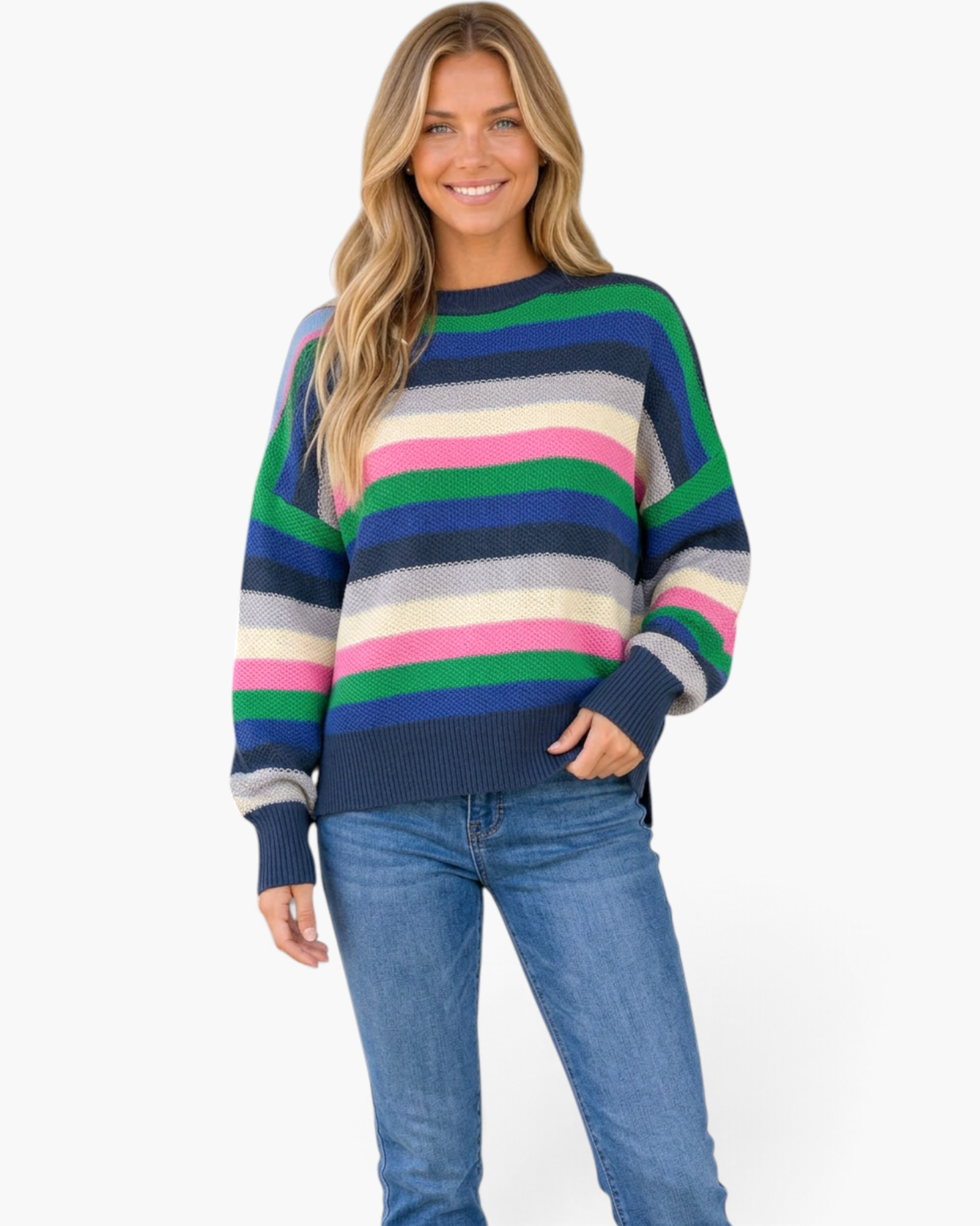 Beach Rose Co. model wearing a navy textured knit sweater with multicolor horizontal stripes and a crew neckline.