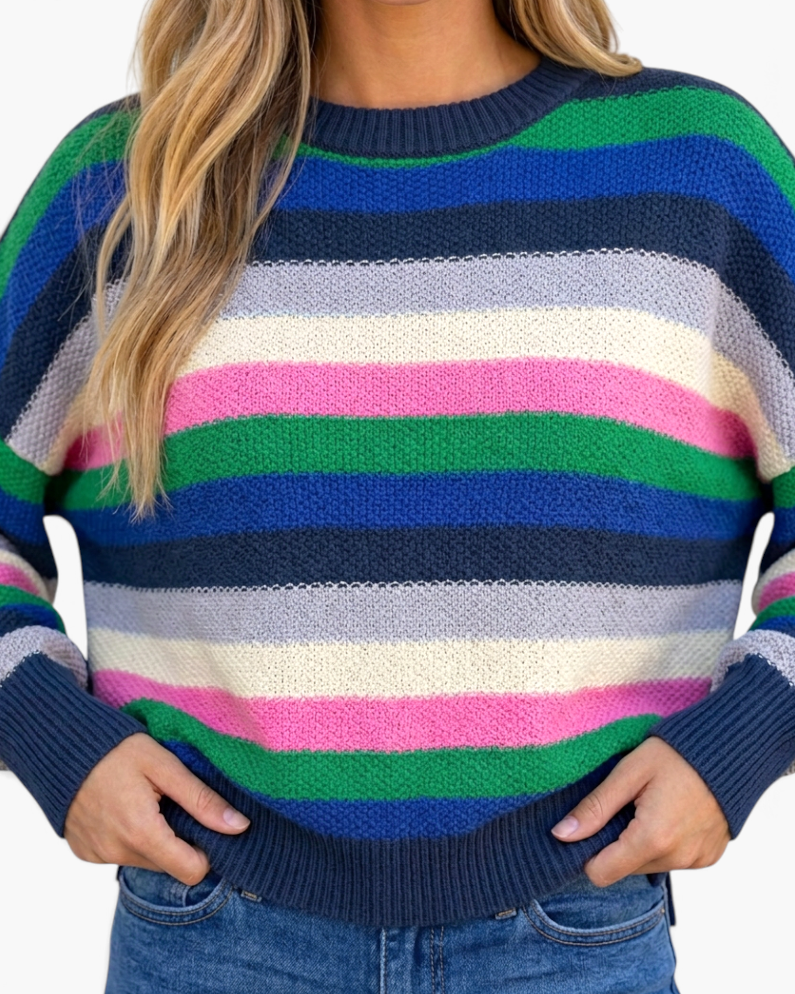 Beach Rose Co. navy knit sweater featuring multicolor horizontal stripes in blue, green, gray, ivory, and pink.