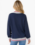 Beach Rose Co. navy mock neck sweatshirt with striped ribbed trim on the neckline, cuffs, and hem, back view.