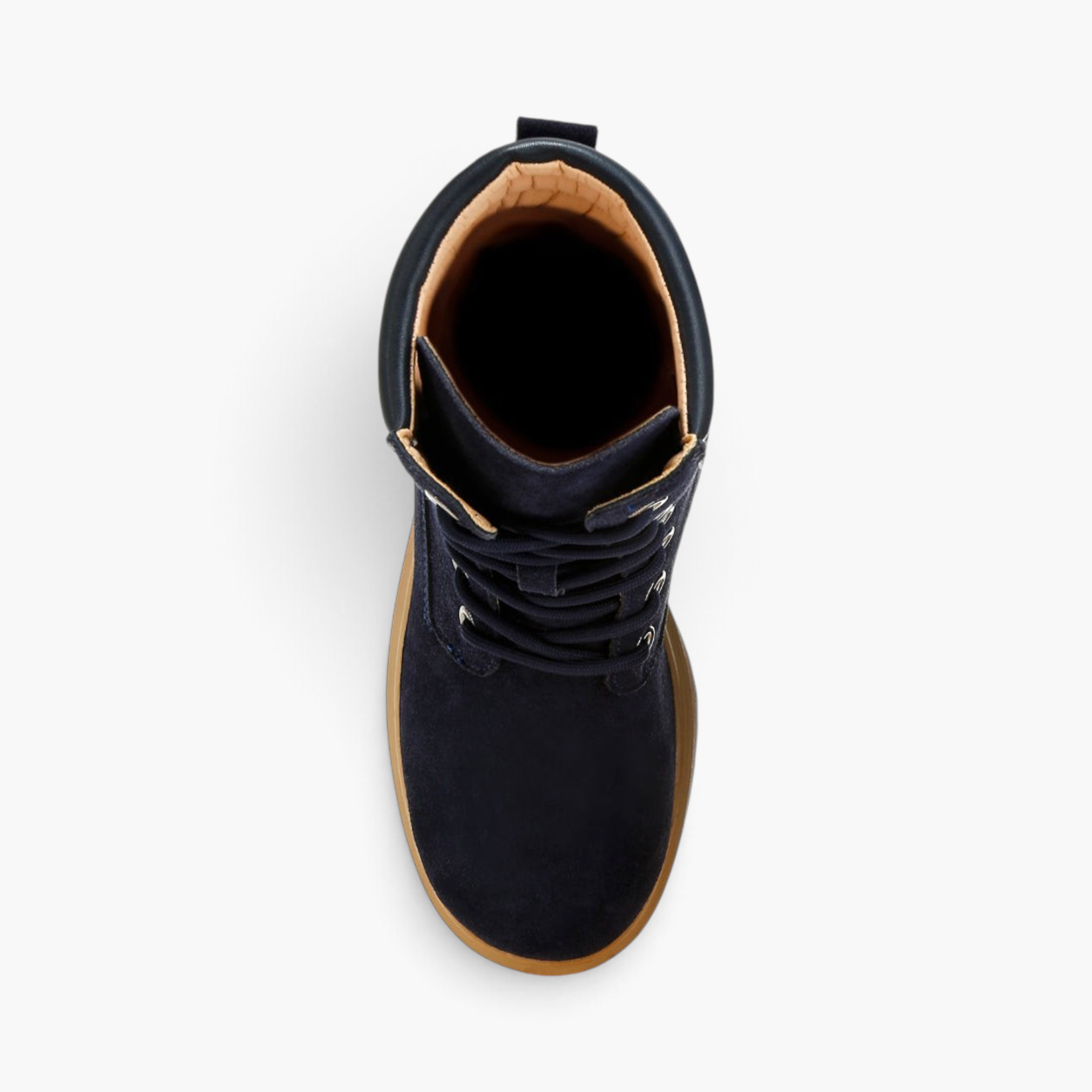 Beach Rose Co. navy blue suede lace-up ankle boots with a chunky lug sole and quilted collar, top-down view.