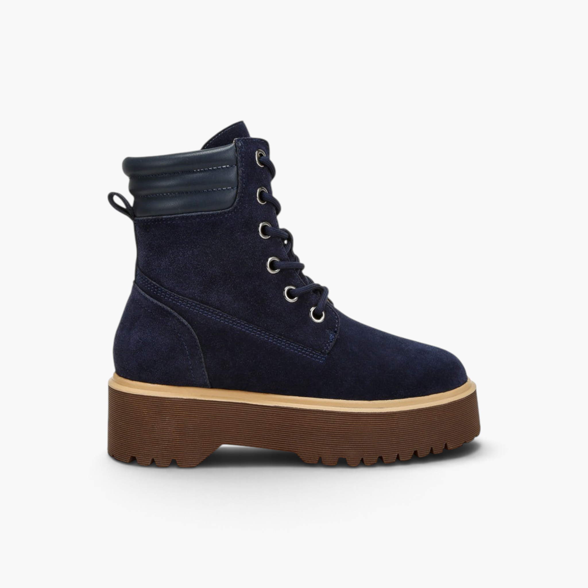 Beach Rose Co. navy blue suede lace-up ankle boots with a chunky brown lug sole and padded quilted collar.