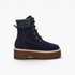 Beach Rose Co. navy blue suede lace-up ankle boots with a chunky brown lug sole and padded quilted collar.