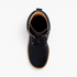 Beach Rose Co. navy blue suede lace-up ankle boots with a chunky lug sole and quilted collar, top-down view.