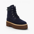 Beach Rose Co. navy blue suede lace-up ankle boots with a chunky brown lug platform sole and quilted collar.