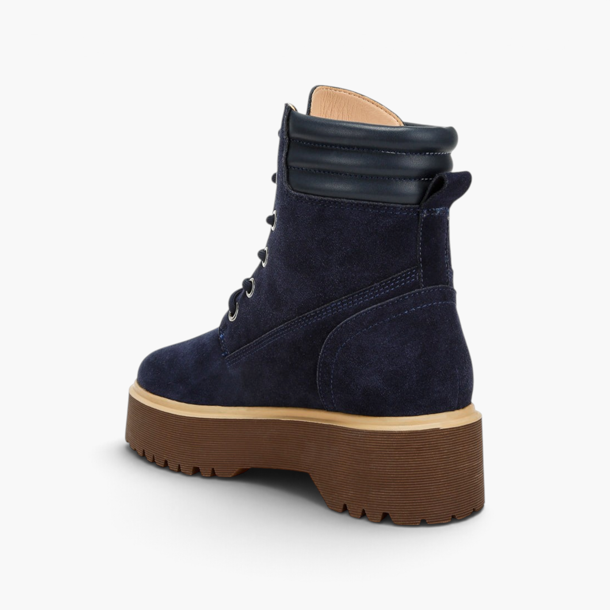 Beach Rose Co. navy blue suede lace-up ankle boots with a chunky lug sole and padded quilted collar, rear view.