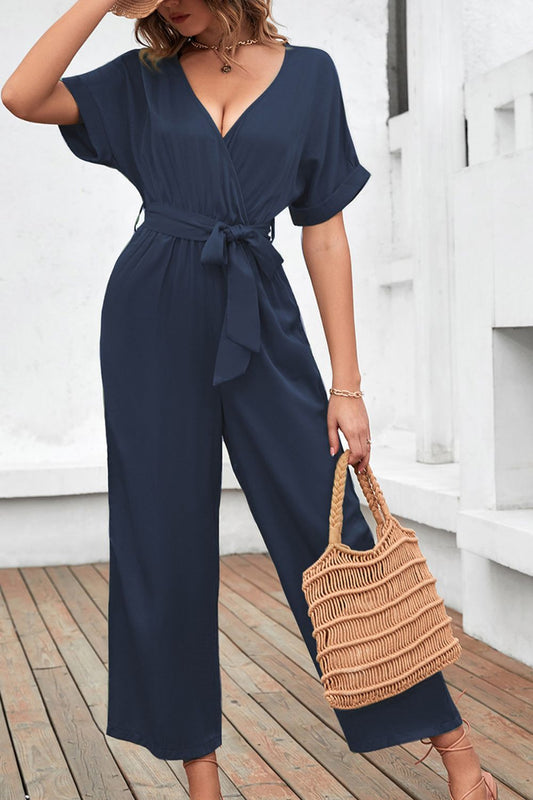 Beach Rose Co. - Navy Tie Waist Wrap Wide Leg Jumpsuit