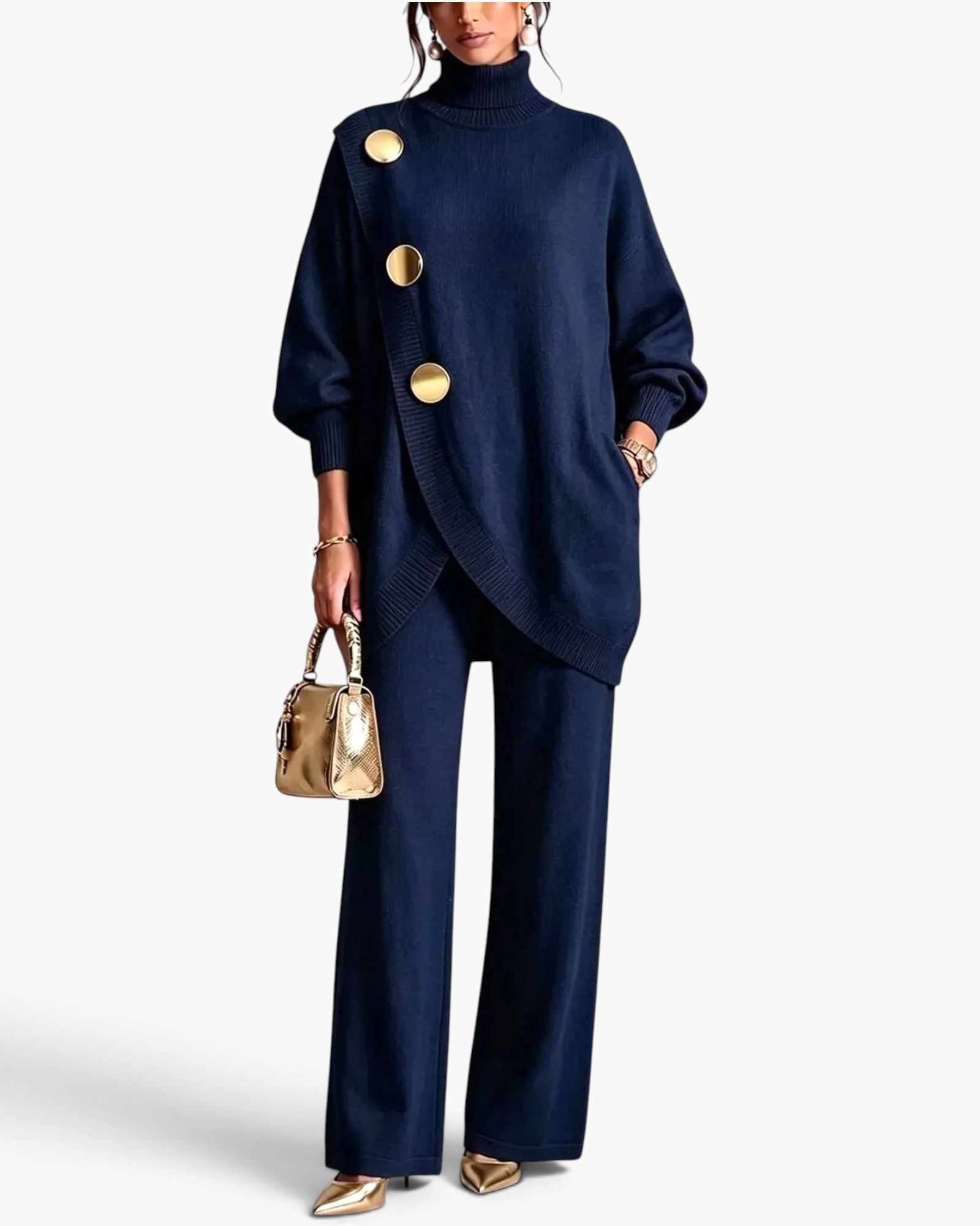 Beach Rose Co. navy blue turtleneck tunic and wide-leg pants set with oversized gold buttons and ribbed trim.
