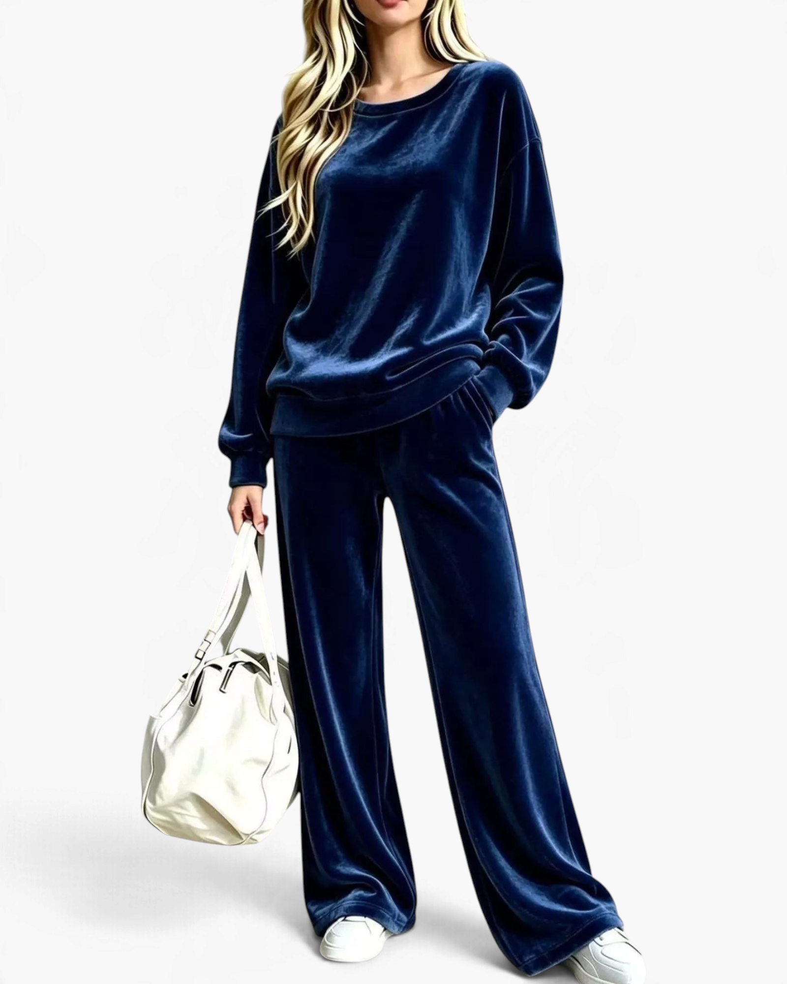 Beach Rose Co. navy blue velour matching set with a relaxed crewneck top and wide leg pants, worn with white sneakers.