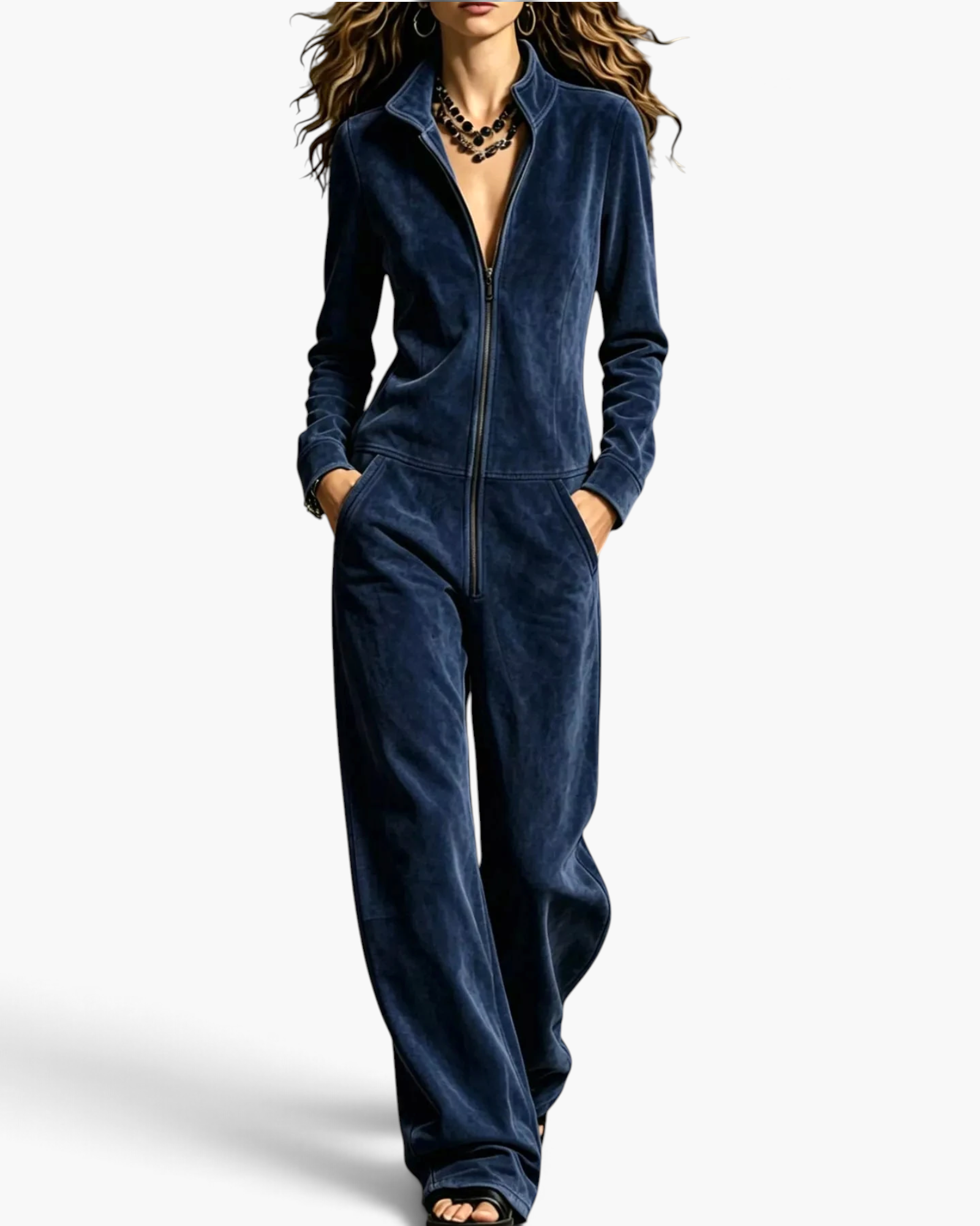 Beach Rose Co. navy blue velour jumpsuit with a stand collar, zip-front closure, and wide-leg silhouette.