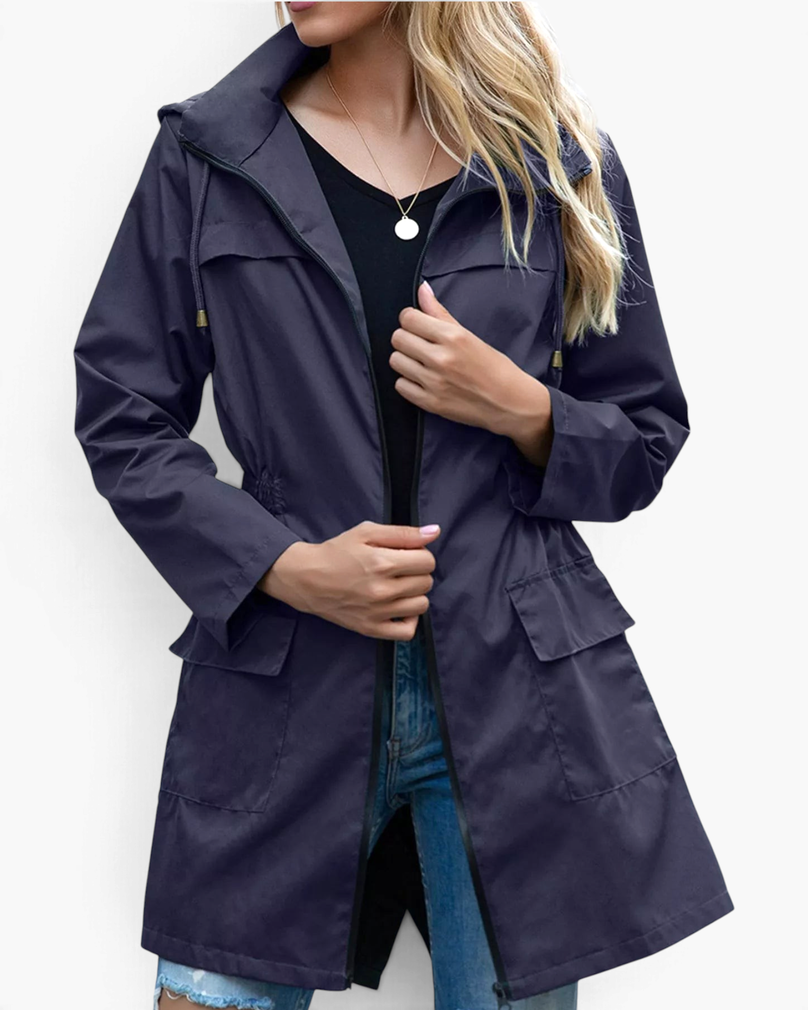 Beach Rose Co. navy blue waterproof hooded rain jacket with zip front, flap pockets, and a gathered waist.