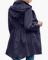 Beach Rose Co. navy blue waterproof hooded rain jacket with a gathered waist and flap pockets, back view.